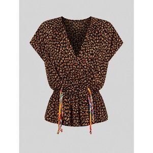 Carole Little‎ Petites Vintage 90s Rayon Gauze Coffee Bean Print Tassel Blouse 6